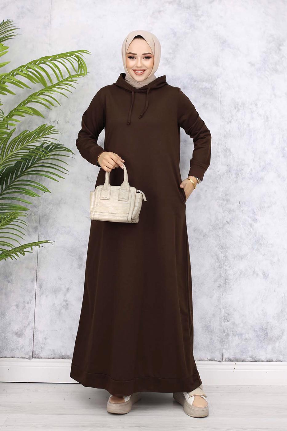 Tesettür giyim KAHVE KAPÜŞONLU ELBİSE T 2405