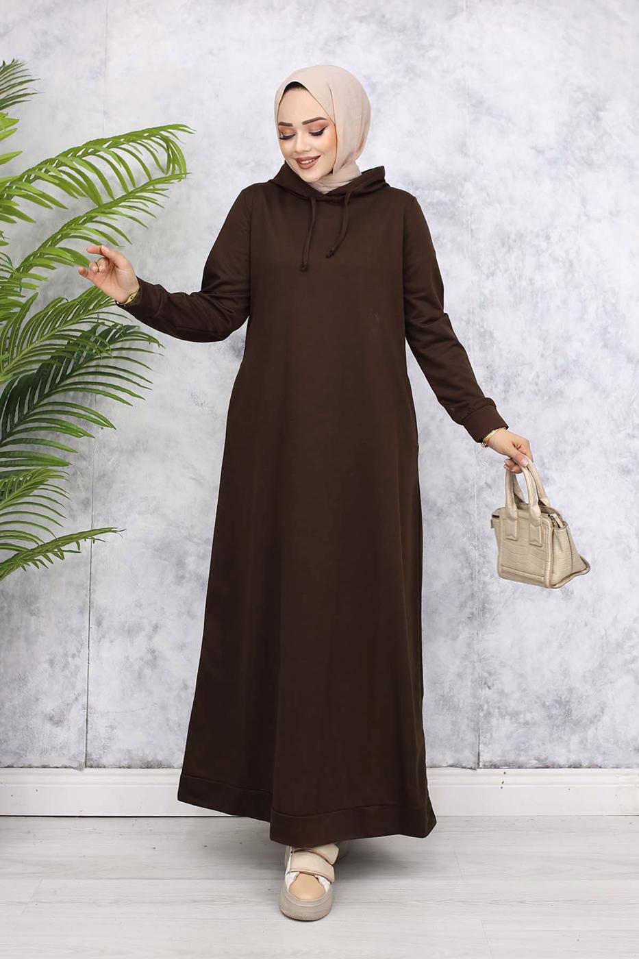 Tesettür giyim KAHVE KAPÜŞONLU ELBİSE T 2405