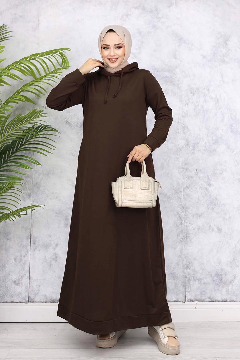 Tesettür giyim KAHVE KAPÜŞONLU ELBİSE T 2405