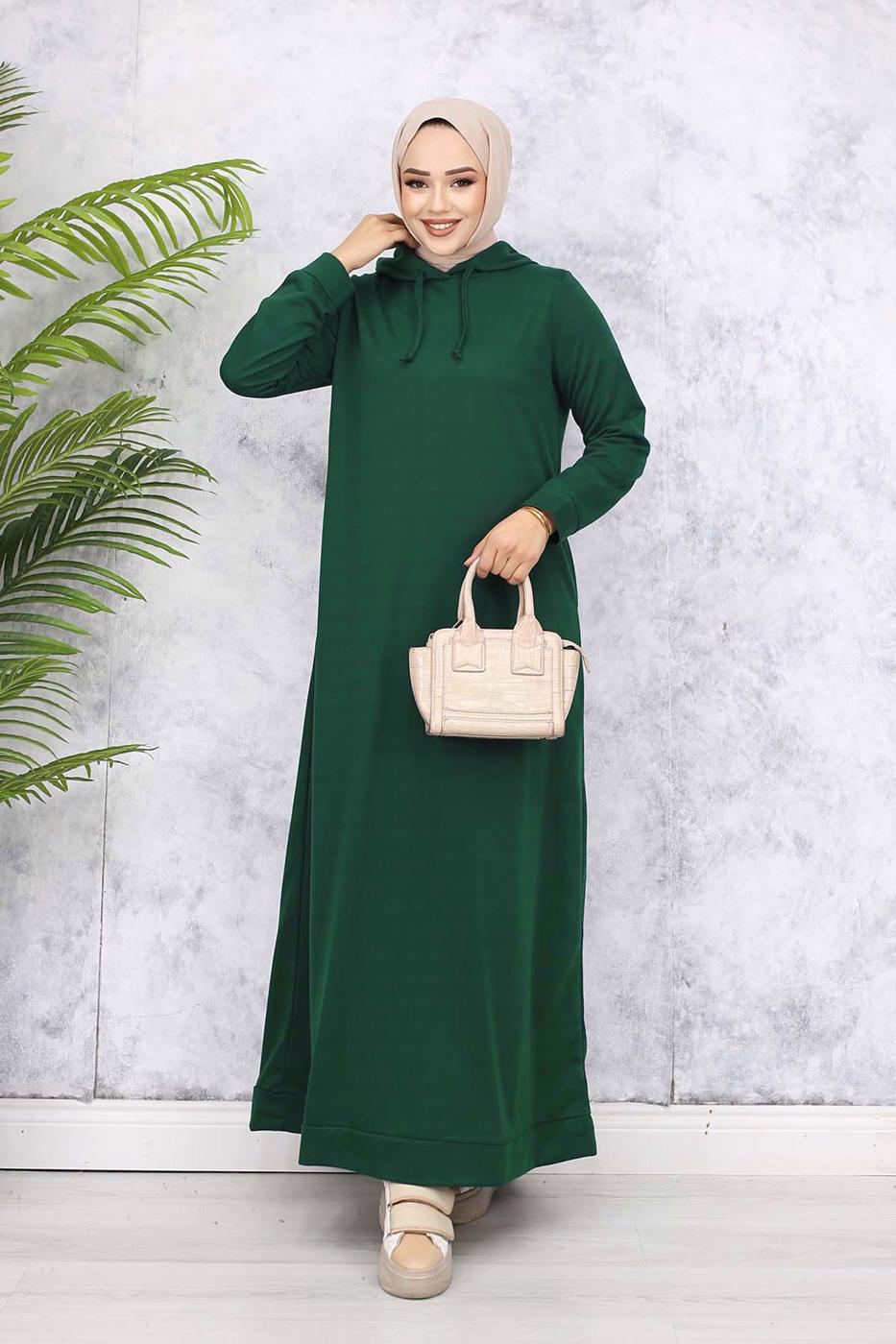 Tesettür giyim YEŞİL KAPÜŞONLU ELBİSE T 2405
