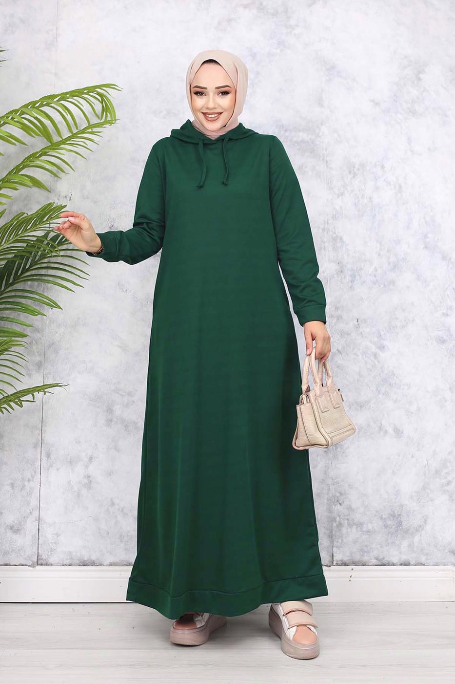 Tesettür giyim YEŞİL KAPÜŞONLU ELBİSE T 2405