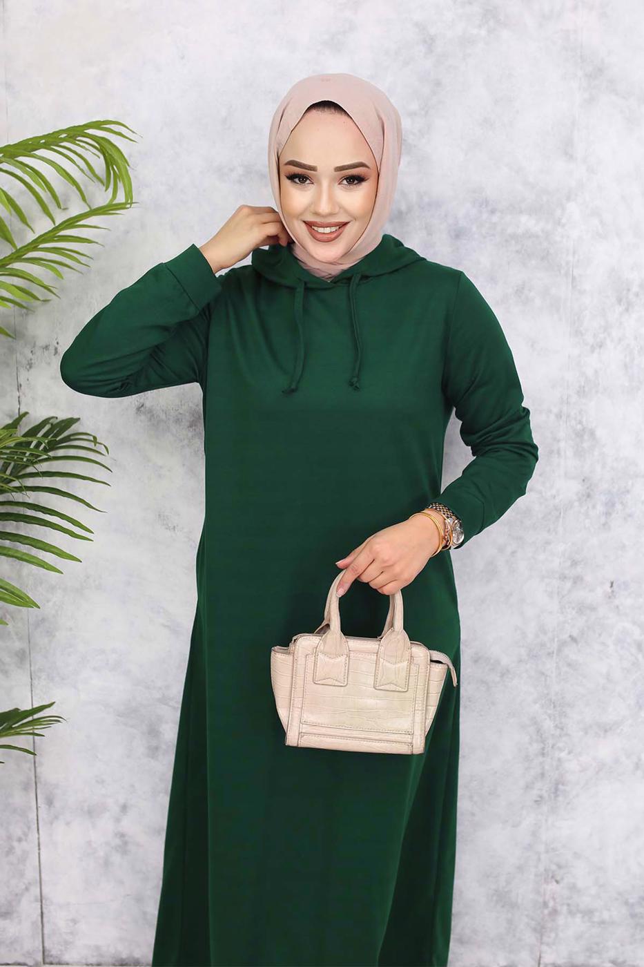 Tesettür giyim YEŞİL KAPÜŞONLU ELBİSE T 2405