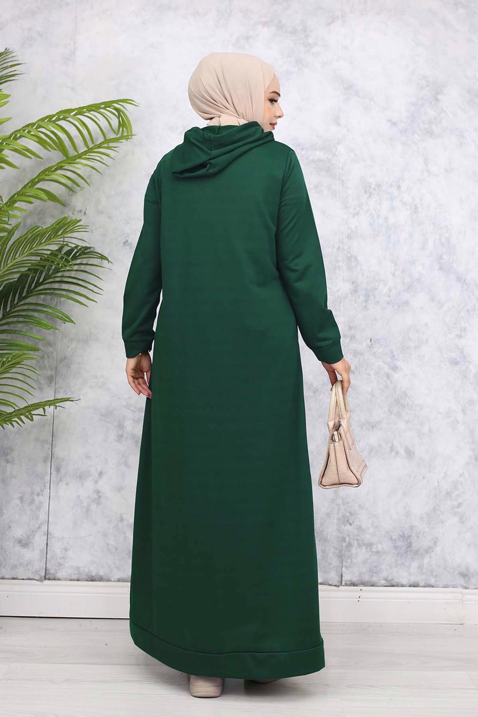 Tesettür giyim YEŞİL KAPÜŞONLU ELBİSE T 2405