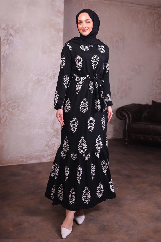 Tesettür giyim SİYAH KUŞAKLI DESENLİ ELBİSE T 2684 - TRENDTESETTÜR