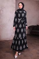 Tesettür giyim SİYAH KUŞAKLI DESENLİ ELBİSE T 2684