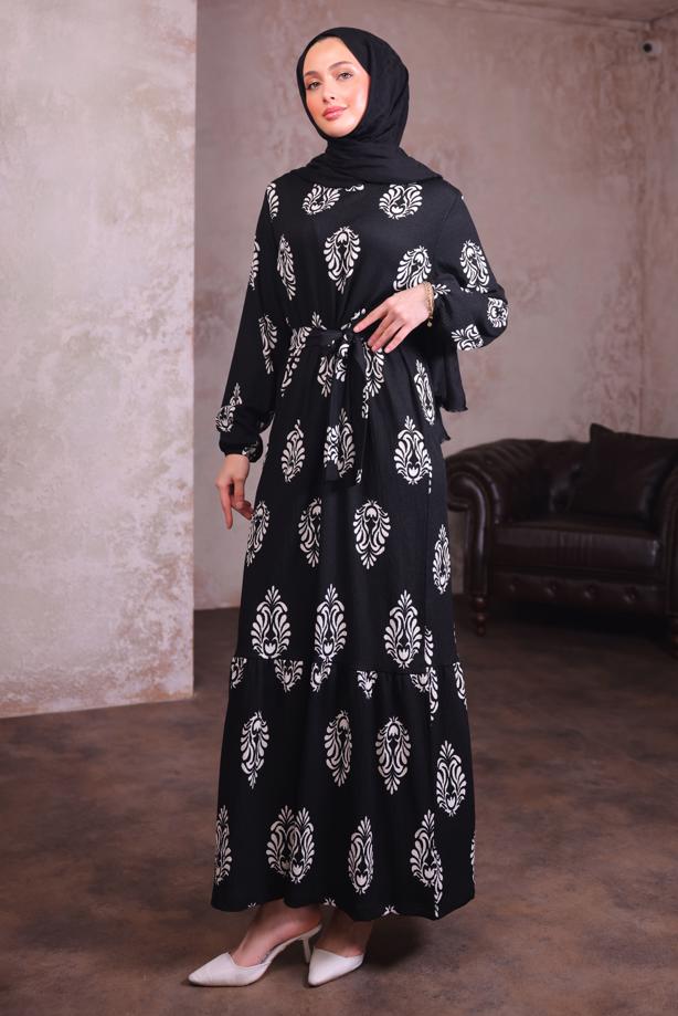 Tesettür giyim SİYAH KUŞAKLI DESENLİ ELBİSE T 2684 - TRENDTESETTÜR