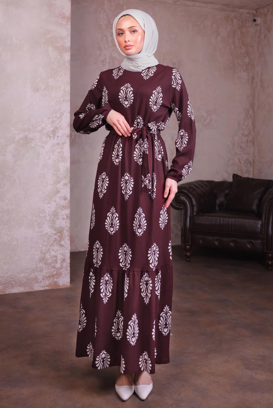 Tesettür giyim BORDO KUŞAKLI DESENLİ ELBİSE T 2684