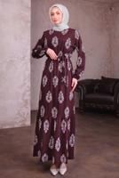 Tesettür giyim BORDO KUŞAKLI DESENLİ ELBİSE T 2684