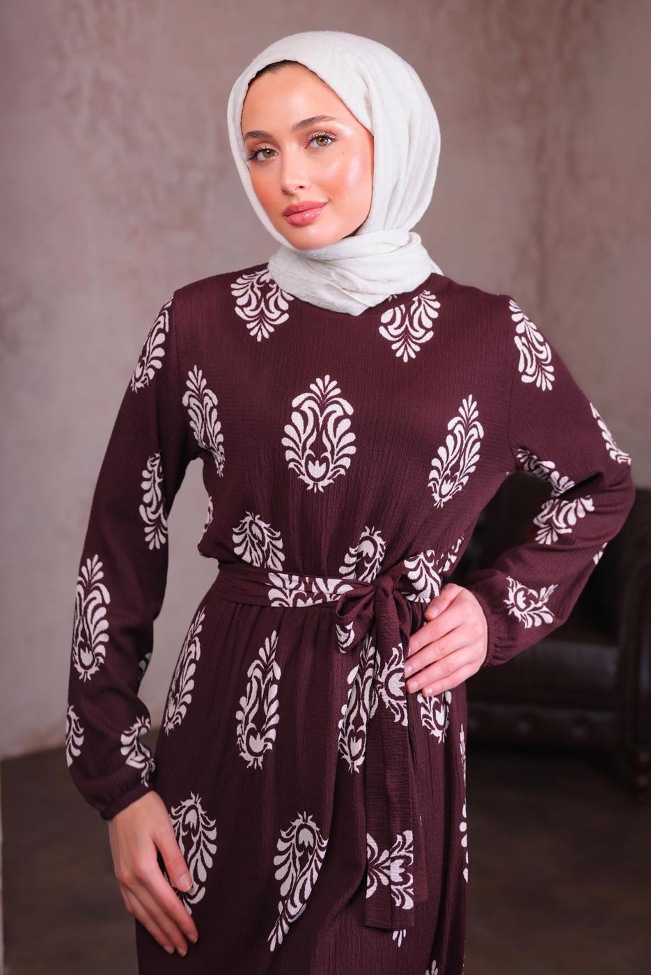 Tesettür giyim BORDO KUŞAKLI DESENLİ ELBİSE T 2684