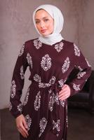 Tesettür giyim BORDO KUŞAKLI DESENLİ ELBİSE T 2684