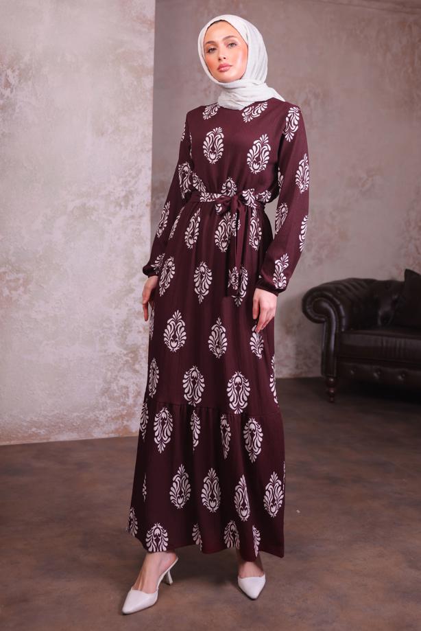 Tesettür giyim BORDO KUŞAKLI DESENLİ ELBİSE T 2684 - TRENDTESETTÜR
