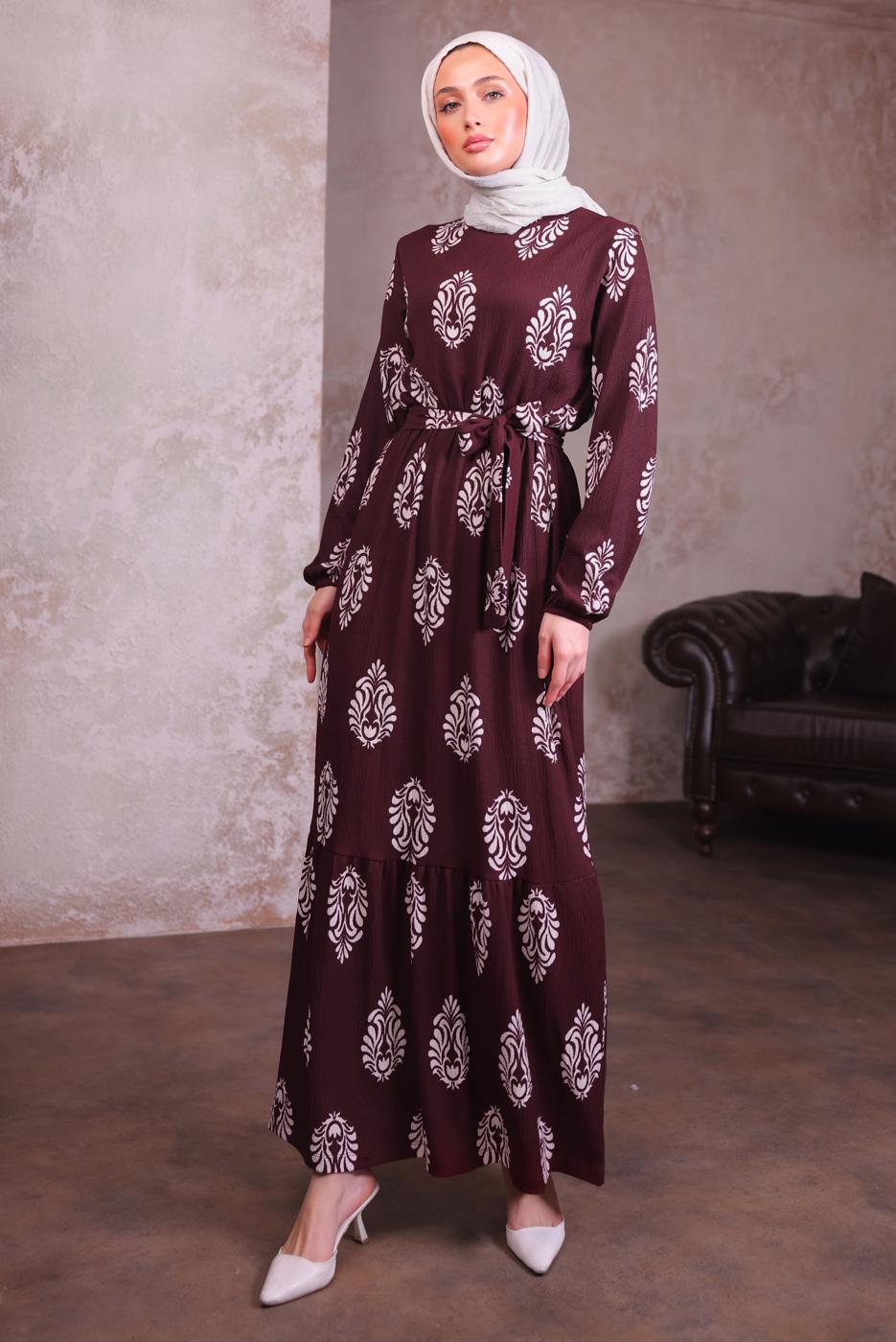 Tesettür giyim BORDO KUŞAKLI DESENLİ ELBİSE T 2684