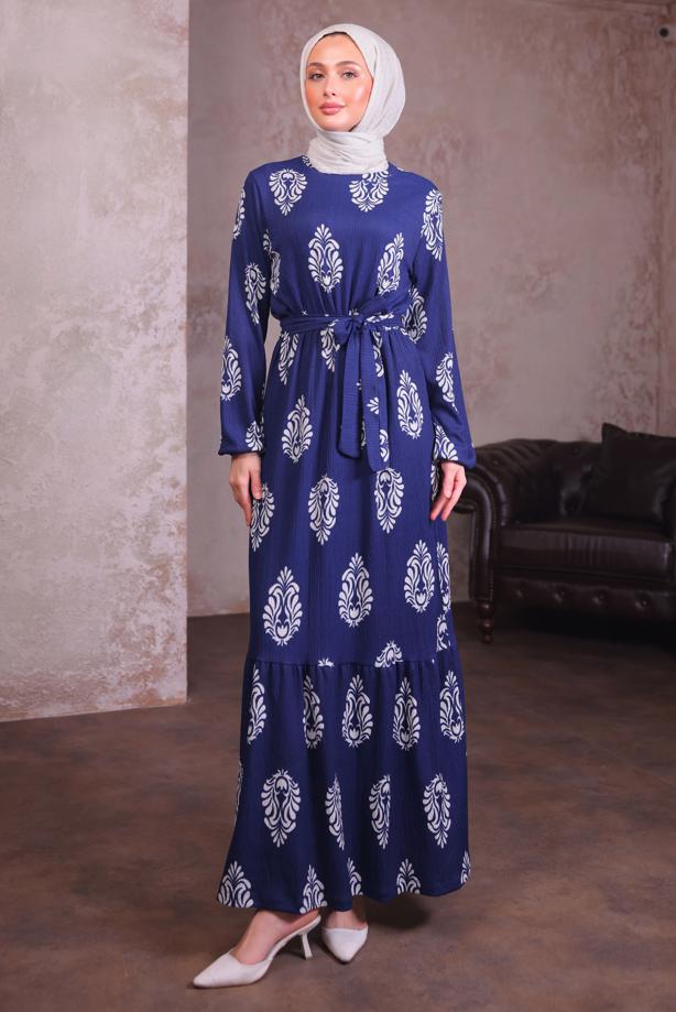 Tesettür giyim LACİVERT KUŞAKLI DESENLİ ELBİSE T 2684 - TRENDTESETTÜR