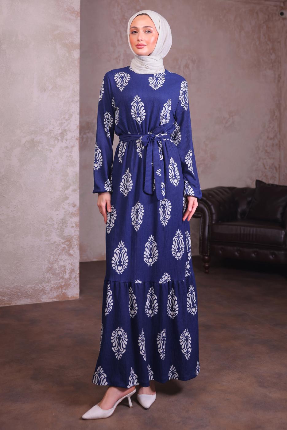 Tesettür giyim LACİVERT KUŞAKLI DESENLİ ELBİSE T 2684