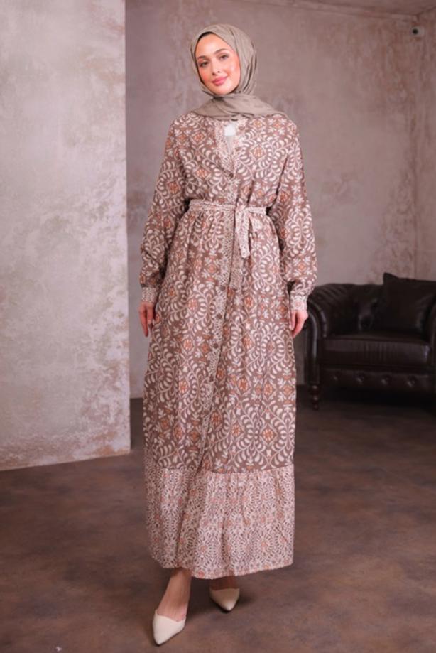 Tesettür giyim VİZON KUŞAKLI DESENLİ ELBİSE T 2884 - TRENDTESETTÜR