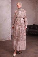 Tesettür giyim VİZON KUŞAKLI DESENLİ ELBİSE T 2884