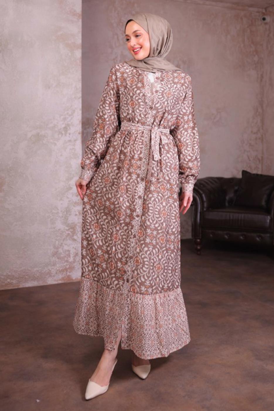 Tesettür giyim VİZON KUŞAKLI DESENLİ ELBİSE T 2884