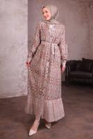 Tesettür giyim VİZON KUŞAKLI DESENLİ ELBİSE T 2884