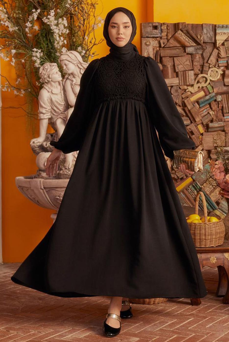 Tesettür giyim SİYAH BALON KOL ELBİSE T 30542