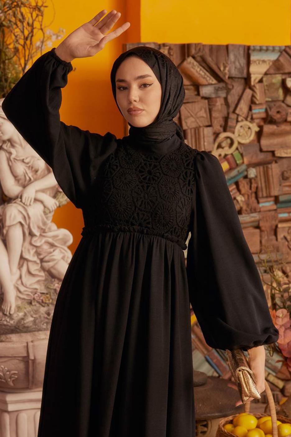Tesettür giyim SİYAH BALON KOL ELBİSE T 30542