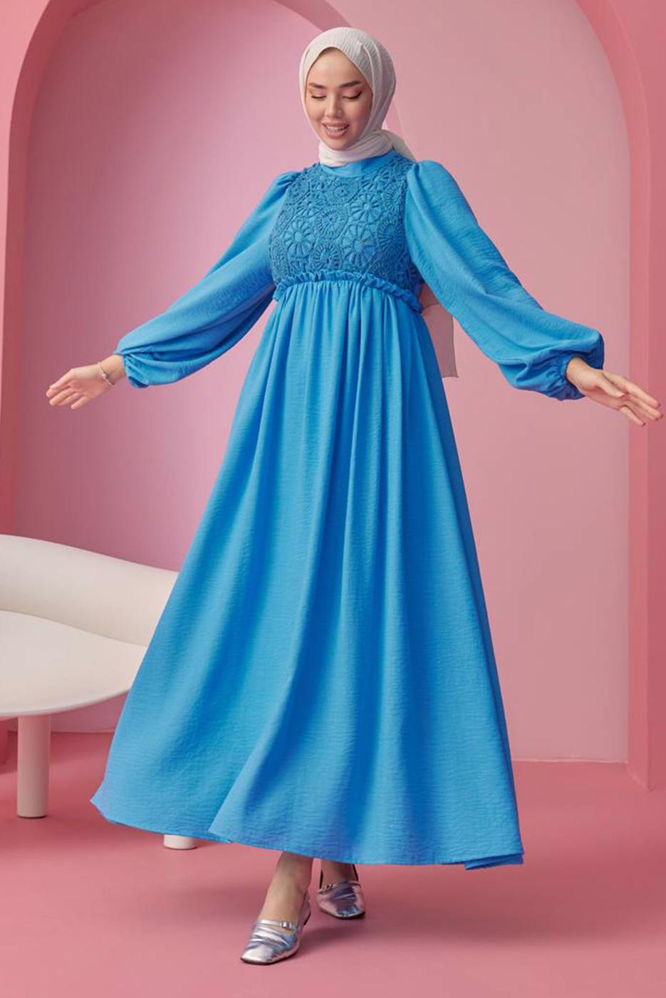 Tesettür giyim MAVİ BALON KOL ELBİSE T 30542