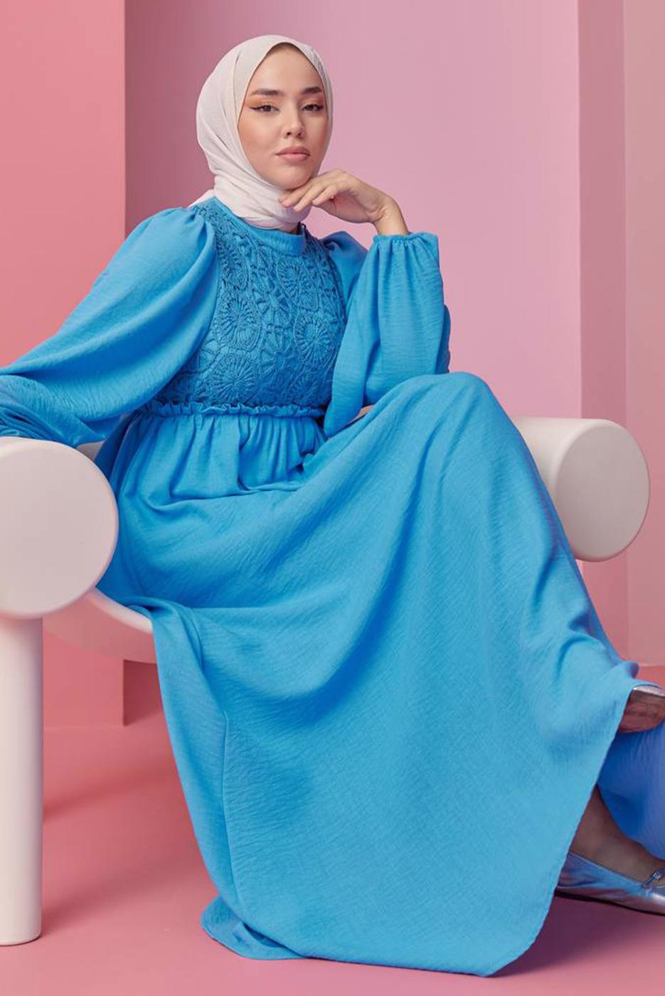 Tesettür giyim MAVİ BALON KOL ELBİSE T 30542