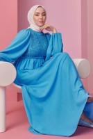 Tesettür giyim MAVİ BALON KOL ELBİSE T 30542