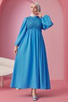 Tesettür giyim MAVİ BALON KOL ELBİSE T 30542