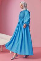 Tesettür giyim MAVİ BALON KOL ELBİSE T 30542