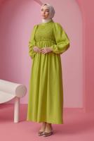 Tesettür giyim YEŞİL BALON KOL ELBİSE T 30542