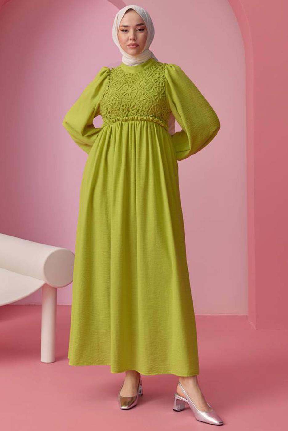 Tesettür giyim YEŞİL BALON KOL ELBİSE T 30542