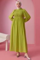 Tesettür giyim YEŞİL BALON KOL ELBİSE T 30542