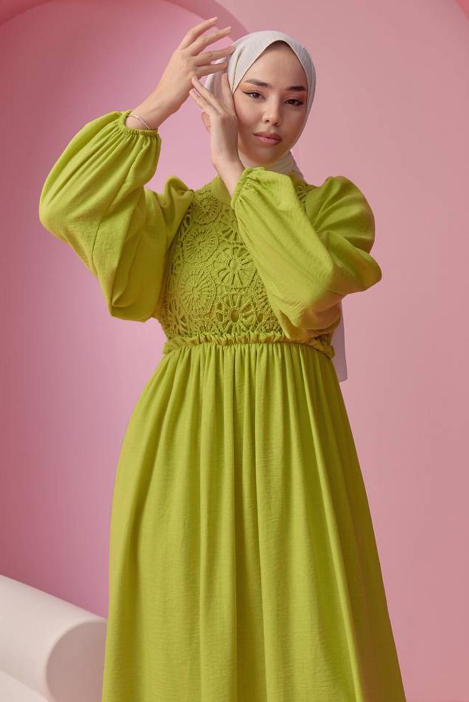 Tesettür giyim YEŞİL BALON KOL ELBİSE T 30542
