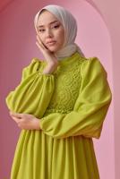 Tesettür giyim YEŞİL BALON KOL ELBİSE T 30542