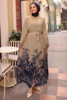 Tesettür giyim MAVİ KUŞAKLI DESENLİ ELBİSE T 3094