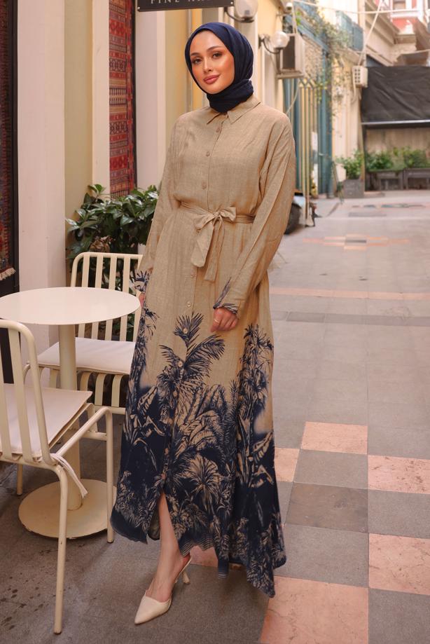 Tesettür giyim MAVİ KUŞAKLI DESENLİ ELBİSE T 3094 - TRENDTESETTÜR