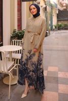 Tesettür giyim MAVİ KUŞAKLI DESENLİ ELBİSE T 3094