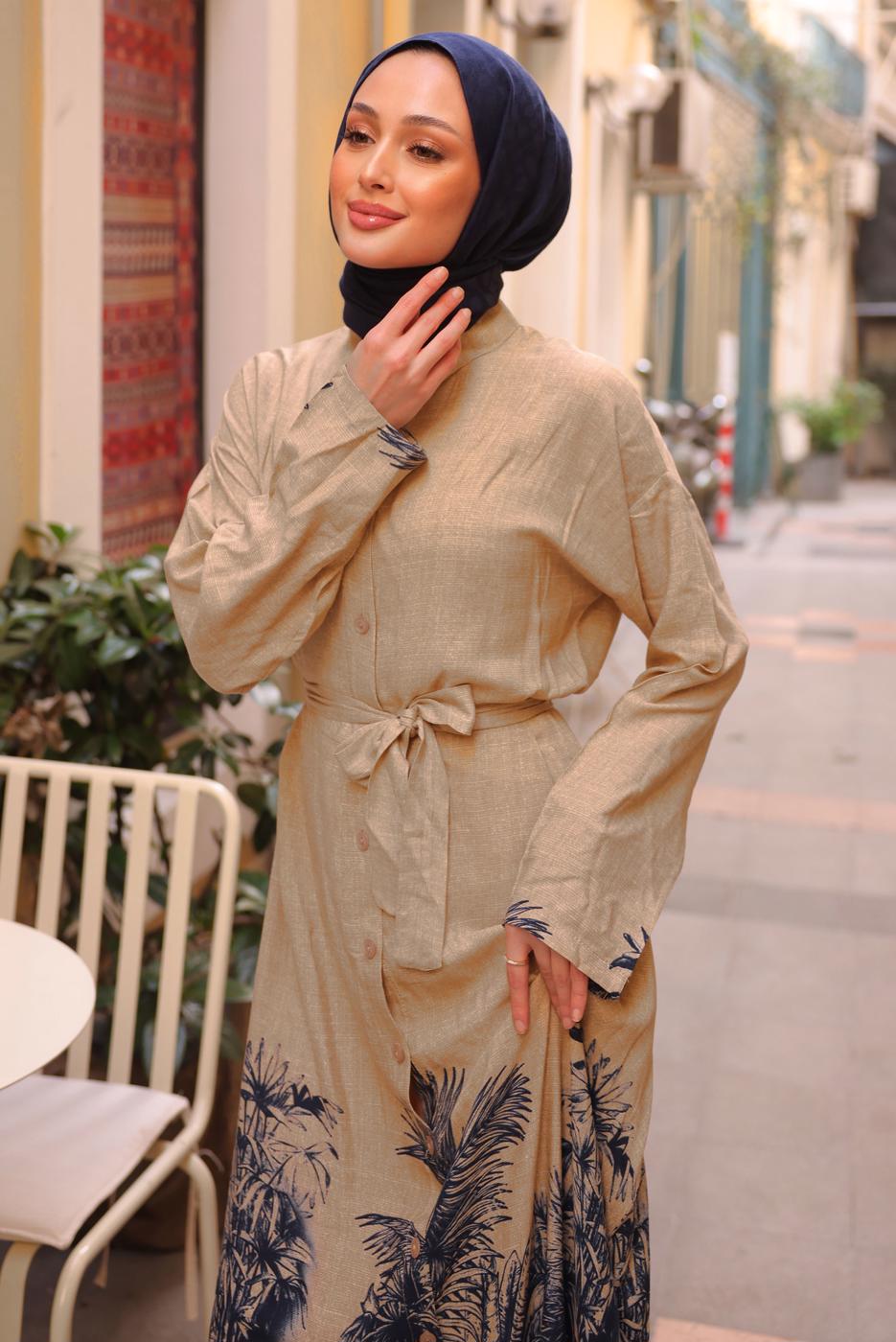 Tesettür giyim MAVİ KUŞAKLI DESENLİ ELBİSE T 3094