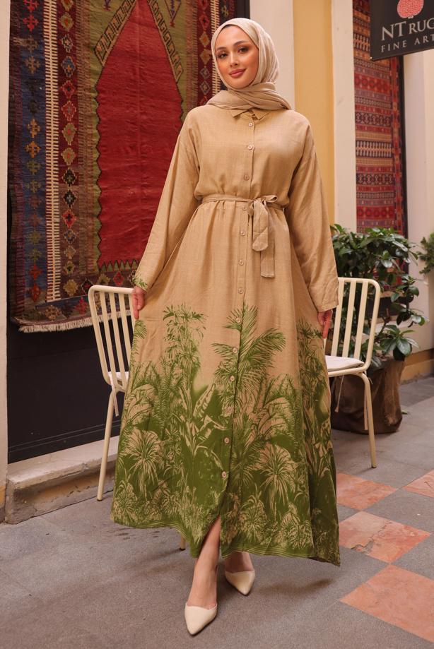 Tesettür giyim YEŞİL KUŞAKLI DESENLİ ELBİSE T 3094 - TRENDTESETTÜR