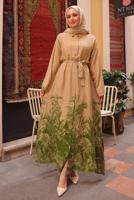 Tesettür giyim YEŞİL KUŞAKLI DESENLİ ELBİSE T 3094