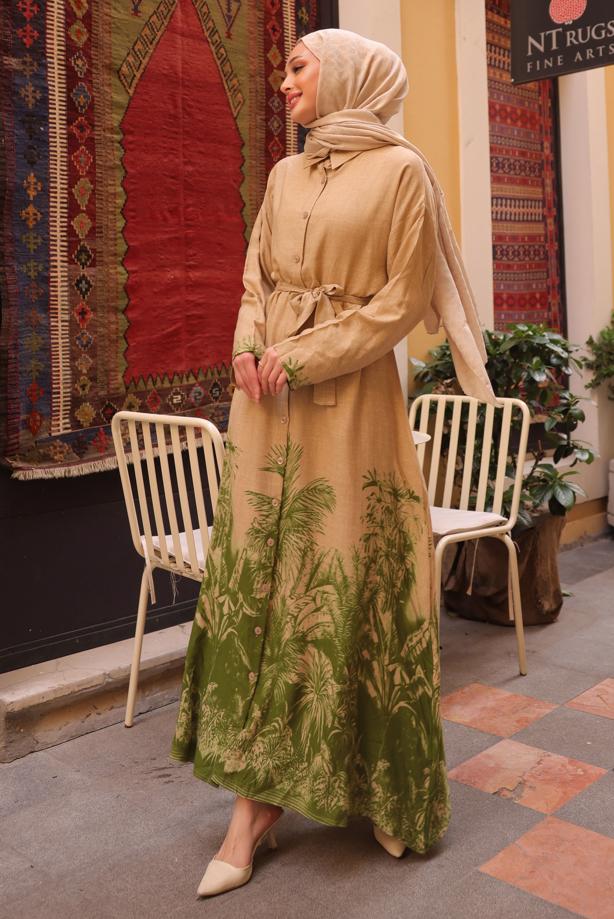 Tesettür giyim YEŞİL KUŞAKLI DESENLİ ELBİSE T 3094 - TRENDTESETTÜR