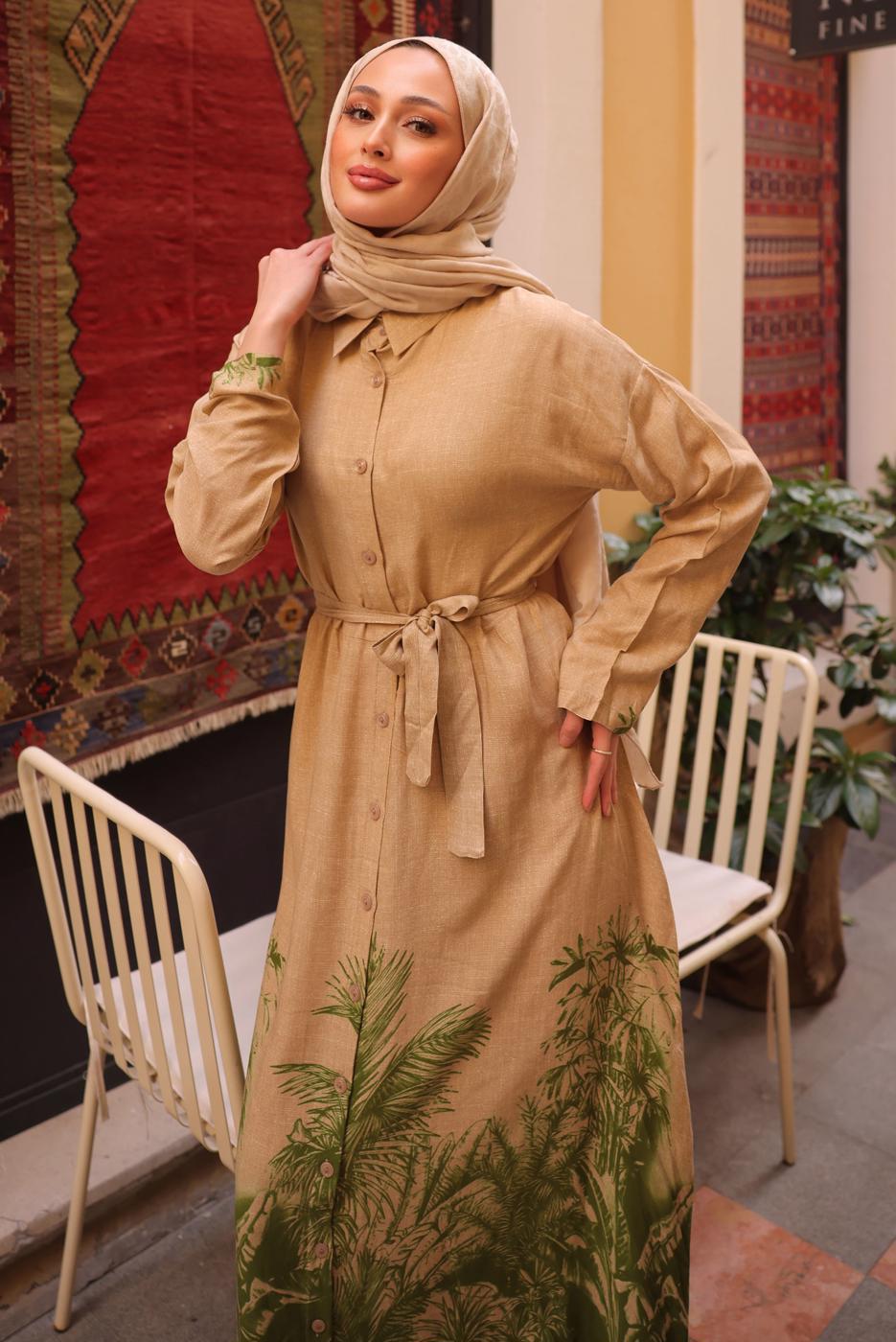 Tesettür giyim YEŞİL KUŞAKLI DESENLİ ELBİSE T 3094