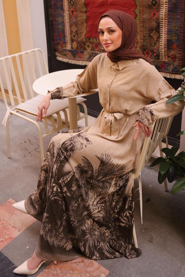 Tesettür giyim KAHVE KUŞAKLI DESENLİ ELBİSE T 3094 - TRENDTESETTÜR