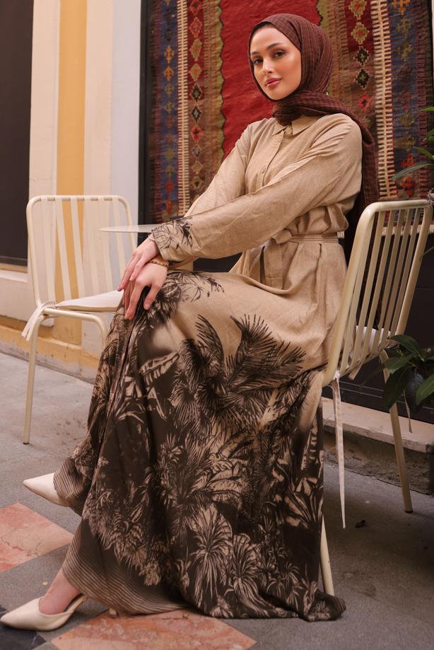 Tesettür giyim KAHVE KUŞAKLI DESENLİ ELBİSE T 3094 - TRENDTESETTÜR