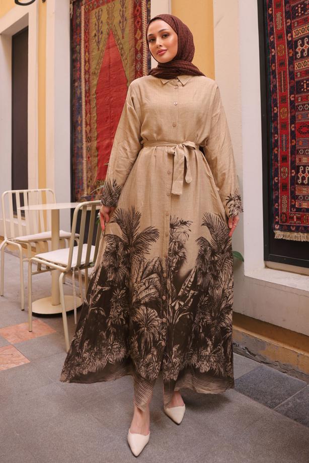 Tesettür giyim KAHVE KUŞAKLI DESENLİ ELBİSE T 3094 - TRENDTESETTÜR