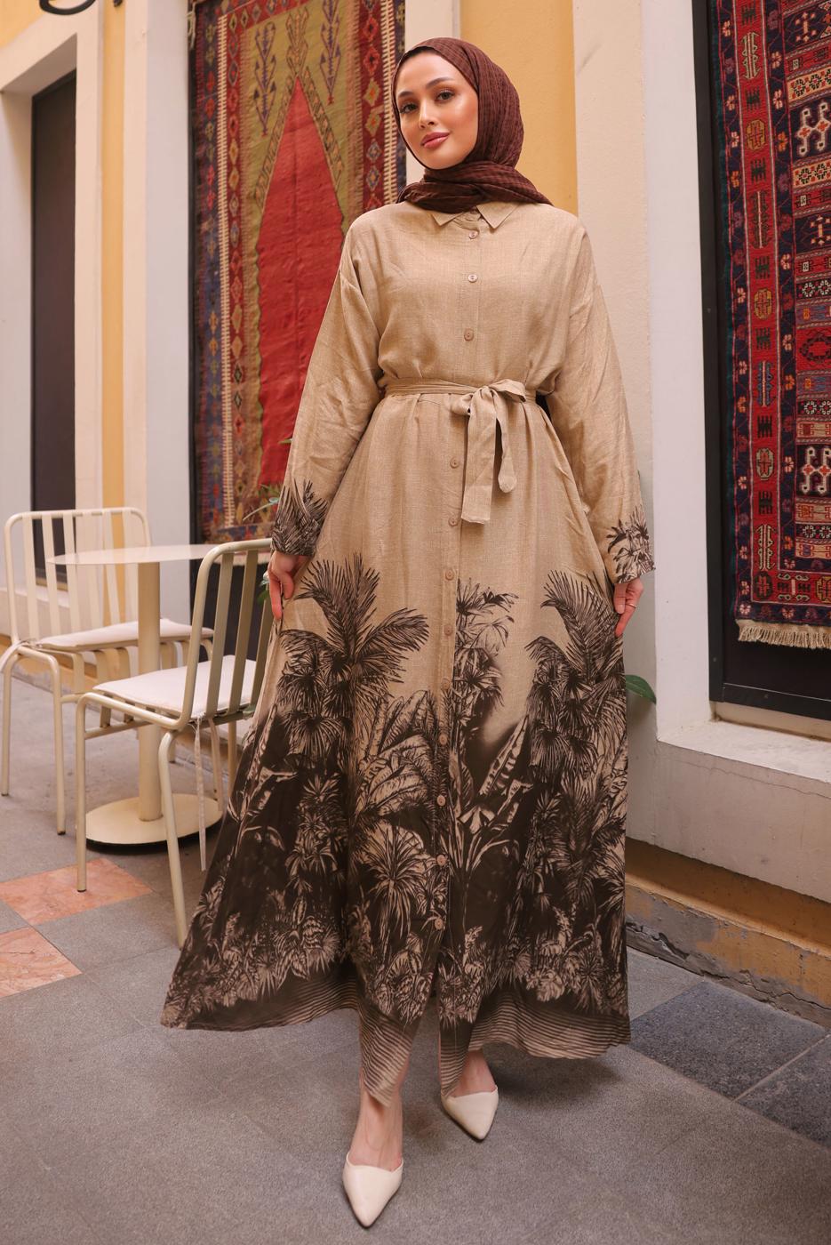 Tesettür giyim KAHVE KUŞAKLI DESENLİ ELBİSE T 3094