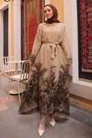 Tesettür giyim KAHVE KUŞAKLI DESENLİ ELBİSE T 3094