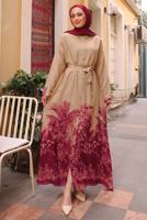 Tesettür giyim PEMBE KUŞAKLI DESENLİ ELBİSE T 3094