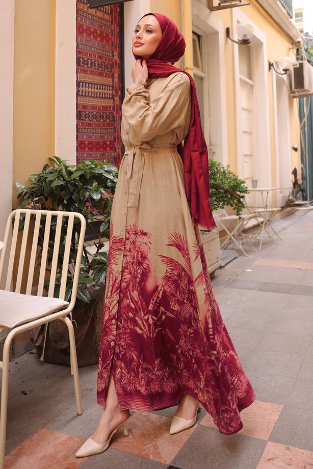 Tesettür giyim PEMBE KUŞAKLI DESENLİ ELBİSE T 3094 - TRENDTESETTÜR