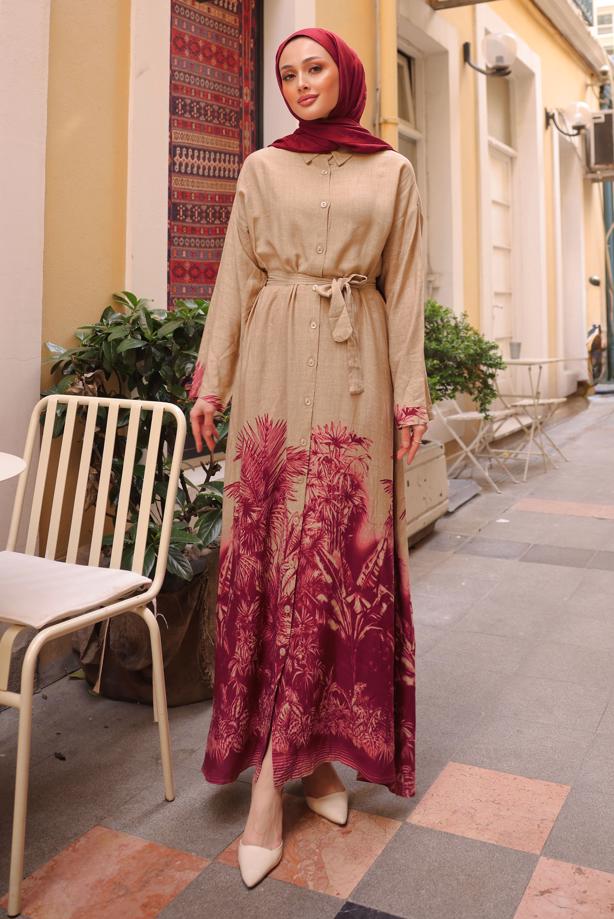 Tesettür giyim PEMBE KUŞAKLI DESENLİ ELBİSE T 3094 - TRENDTESETTÜR